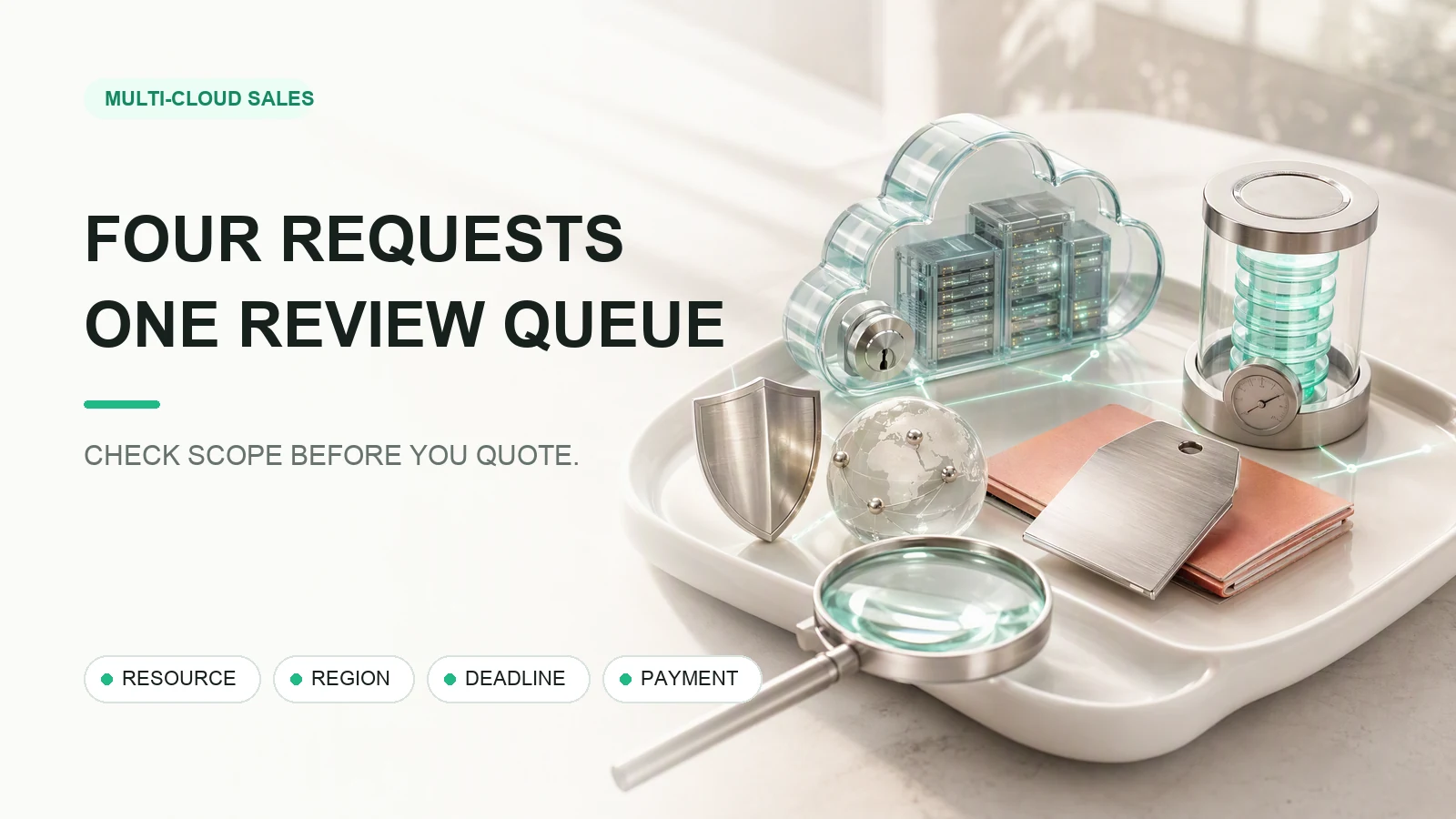 A bright cinematic review desk holds a secure cloud server, security shield and global nodes, contract price tag, API capacity tokens, and a magnifying glass