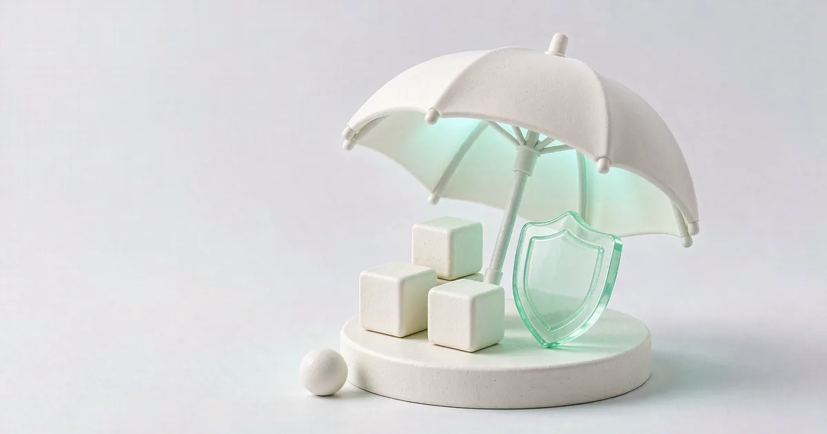 明亮的 3D 微缩场景:一把撑开的哑光奶白石膏小伞,伞面内侧泛淡青色半透光,伞下护着三枚奶白石膏小方块和一枚低饱和薄荷绿半透明玻璃小盾牌,立在低矮浅色石膏圆台面上,台面前缘有一枚小石膏圆球,背景为冷调浅灰白