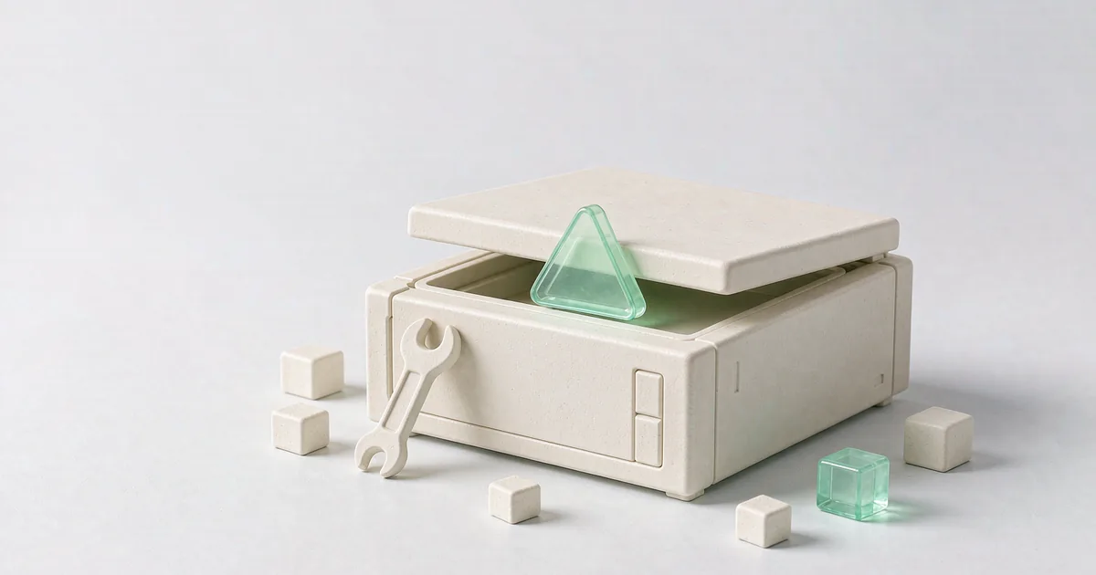 A bright 3D miniature scene: a low matte cream-white plaster server enclosure with its lid propped open a crack, a low-saturation mint-green translucent glass warning triangle lodged in the gap, a small plaster wrench leaning against the front, a few small plaster cubes and one mint-green glass cube scattered on the ground, against a cool light grey-white backdrop