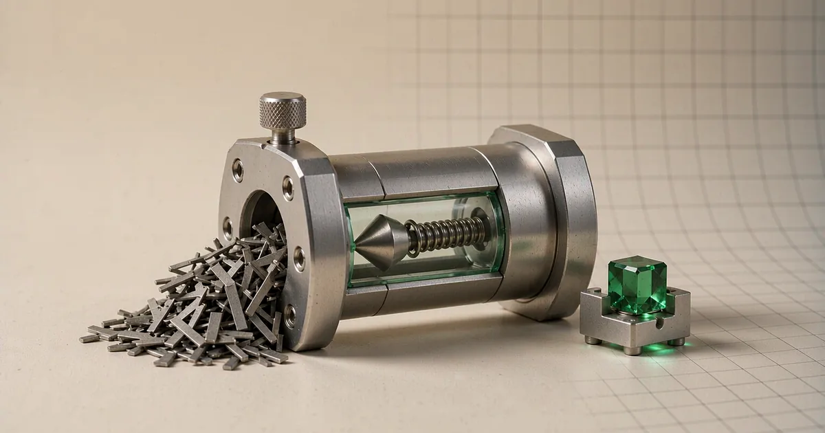 Una naturaleza muerta 3D luminosa de estudio: una válvula de retención mecanizada de acero inoxidable cepillado, ancha y baja, colocada en horizontal — un cuerpo cilíndrico macizo de acero con un extremo embridado con tornillos hexagonales avellanados a la izquierda y una tapa moleteada de acero encima, con su parte central recortada en un breve tramo de vidrio borosilicato a través del cual se ve un muelle helicoidal de acero que aprieta un obturador cónico pulido contra su asiento; a la izquierda, junto a la entrada cerrada, se acumula un montón de piezas y recortes metálicos grises y apagados que no consiguen entrar; a la derecha, en un pequeño soporte de acero mecanizado, descansa el único cubo facetado de vidrio verde jade que logró pasar; todo sobre un fondo de papel marfil con una rejilla tenue