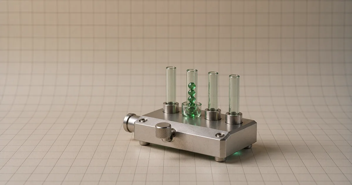 A bright 3D studio still life of a wide, low brushed-stainless machined flow-diverter manifold: a single solid rectangular steel block with countersunk hex bolts and a knurled steel selector lever on a polished collar, a short steel inlet pipe entering from the left, and a row of five short glass outlet tubes along the front face, exactly one of which carries a handful of faceted jade-green glass beads falling into a small clipped-on glass cup, the other four tubes empty and dull, all on an ivory paper backdrop with a faint grid