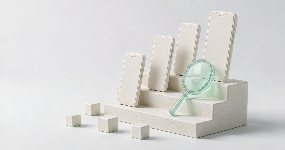 A bright 3D miniature scene: a low three-step cream-white plaster staircase, a matte plaster smartphone model leaning upright on each step, a low-saturation mint-green translucent glass magnifying glass standing in front of the top step, three small cream-white plaster cubes scattered on the ground beside it, against a cool light grey-white backdrop