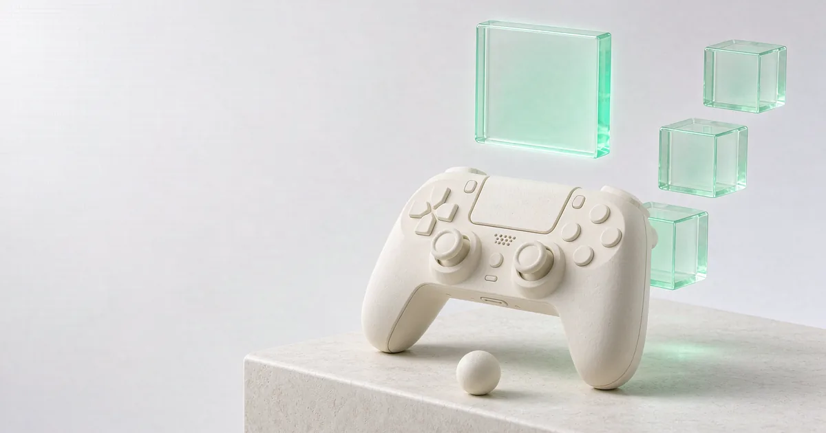 A bright 3D miniature scene: a matte cream-white plaster game controller lying flat on a pale plaster surface, a low-saturation mint-green translucent glass panel floating above it like a glowing screen, three mint-green glass blocks rising in size to its right, a small plaster sphere at the front edge, against a cool light grey-white backdrop