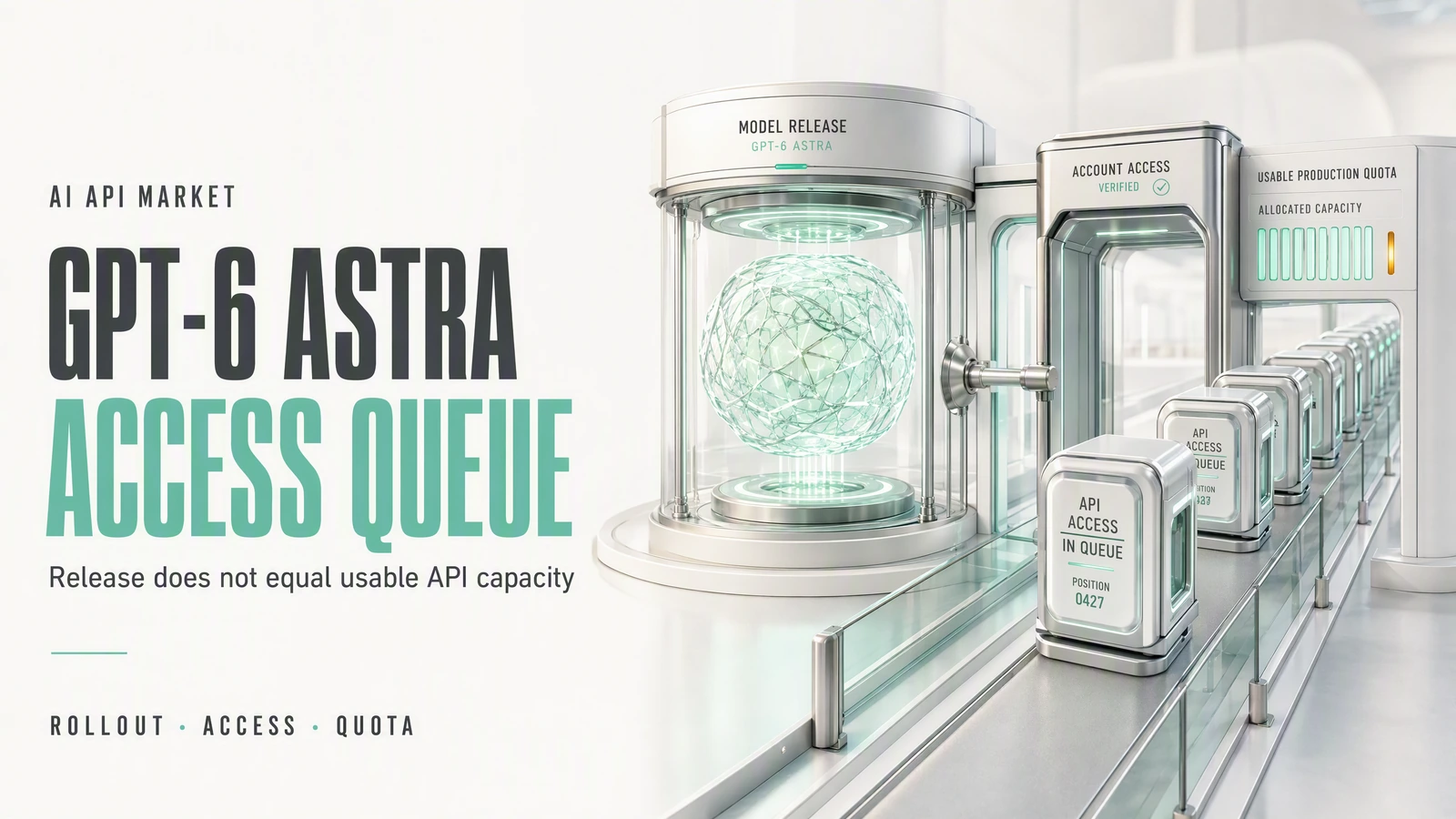 A bright 3D illustration of queued API requests approaching limited access lanes around a GPT-6 Astra model core