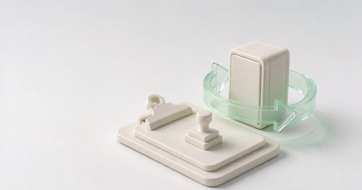 明亮的 3D 微缩场景:一块奶白石膏写字夹板平放在低矮石膏台上,夹板上压着一枚小号石膏印章,旁边立着一个很小很矮的哑光石膏机柜模型,机柜底部由一圈低饱和薄荷绿半透明玻璃环状箭头环绕,背景为冷调浅灰白