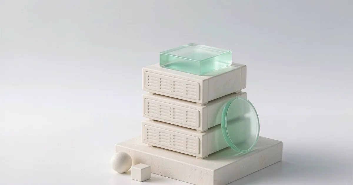 明亮的 3D 微缩场景:一组奶白石膏迷你服务器机柜叠块立在低矮石膏台面上,顶上叠着一块微微透光的低饱和薄荷绿半透明玻璃方块,侧面斜靠一枚薄荷绿玻璃小圆片,台面前缘散落一枚小石膏圆球和一小块石膏方块,背景为冷调浅灰白