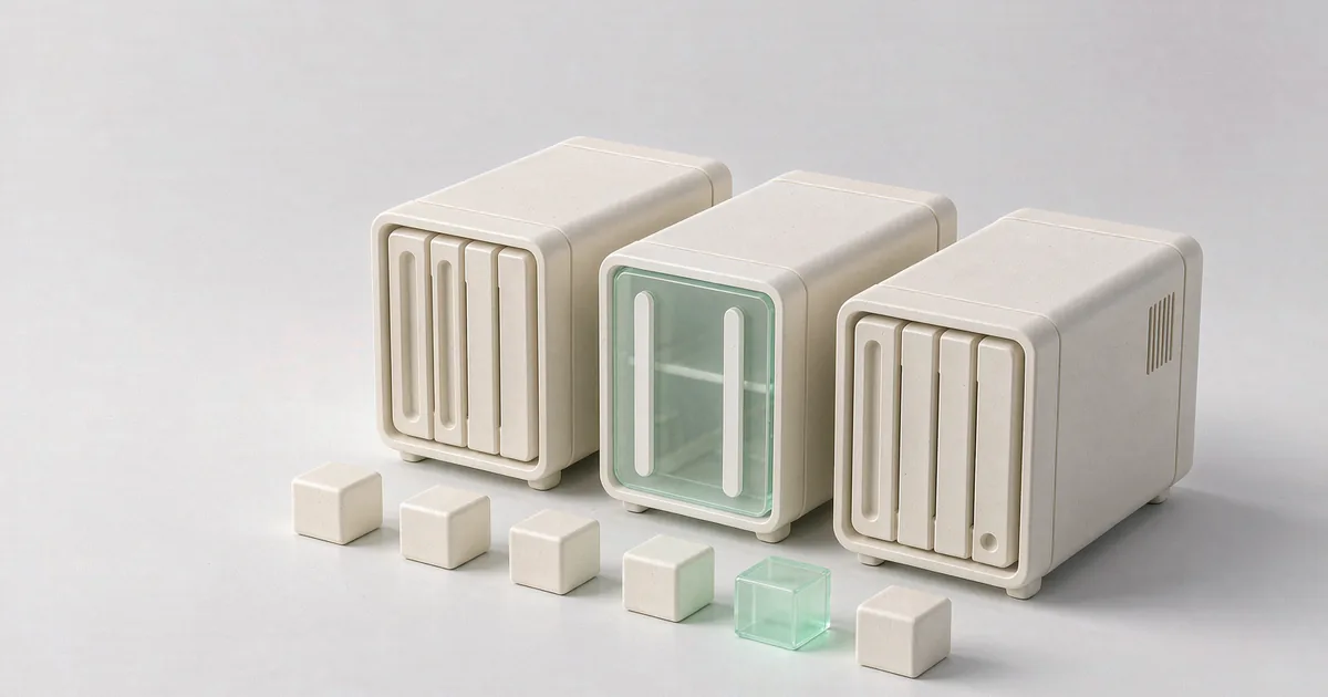 A bright 3D miniature scene: three small cream-white matte plaster server cabinets standing side by side, their fronts carrying shallow vertical vent slats — the middle one has its whole front door made of low-saturation mint-green translucent glass with a hint of inner shelving, while the two outer doors are solid cream-white plaster; on the floor just in front of the cabinets lie five identical cream-white plaster cubes in a row, with the one slightly right of centre replaced by a mint-green translucent glass cube, against a cool light grey-white backdrop