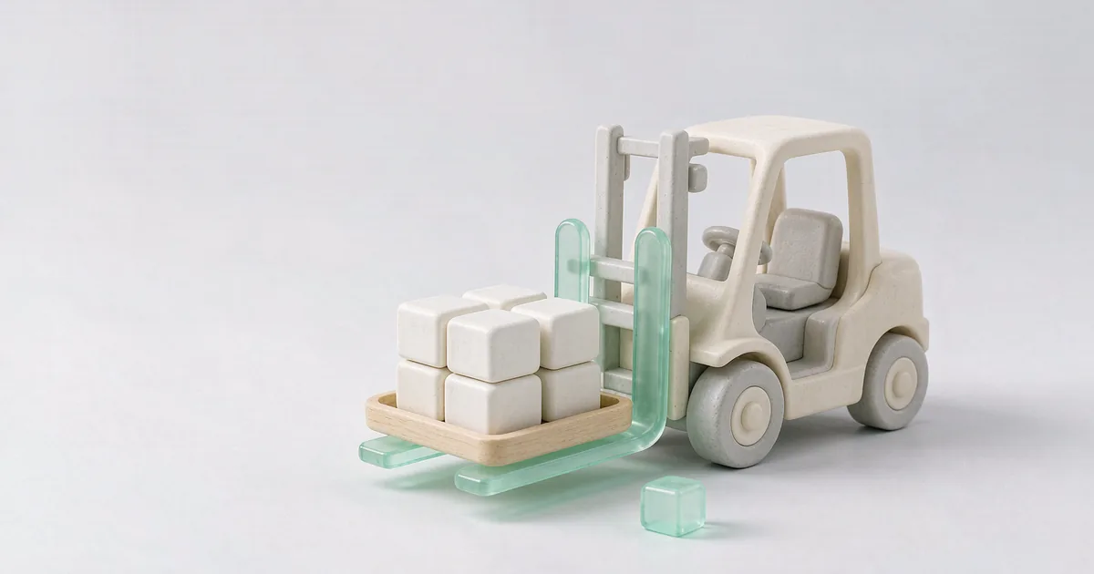 明亮的 3D 微缩场景:一台低矮的奶白石膏叉车模型,货叉是两枚低饱和薄荷绿半透明玻璃扁平条,正托起一个只堆了两层的石膏托盘,盘上码着奶白石膏小方箱,车旁地面落着一枚薄荷绿玻璃小方块,背景为冷调浅灰白