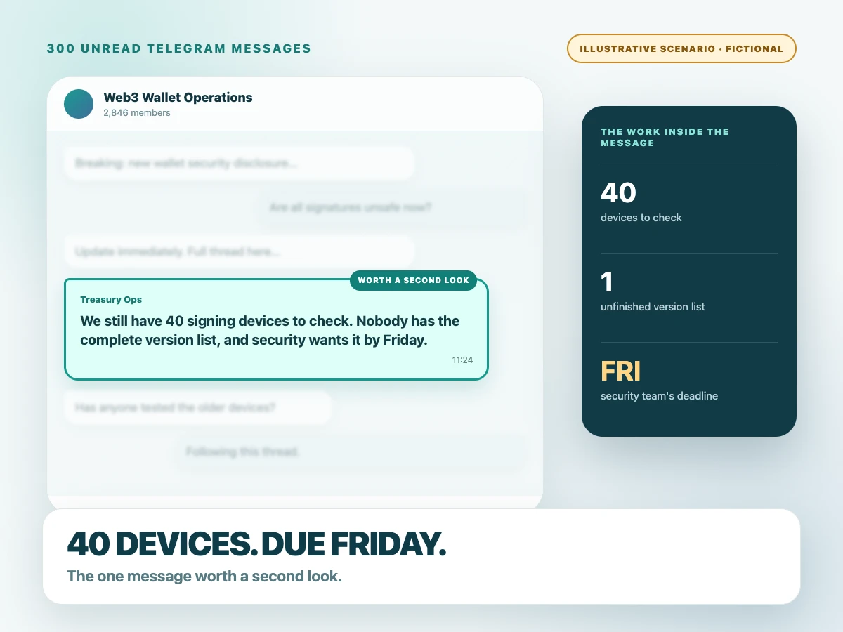 An explicitly fictional illustrative Telegram scenario highlights 40 signing devices that still need a complete version list by Friday