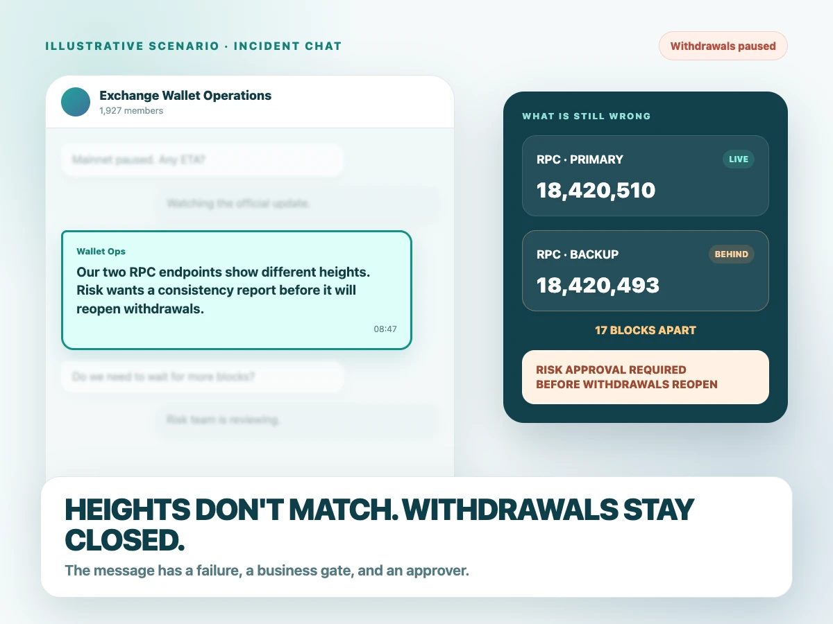 A fictional illustrative Telegram scenario shows two RPC endpoints at different heights and withdrawals closed pending risk approval