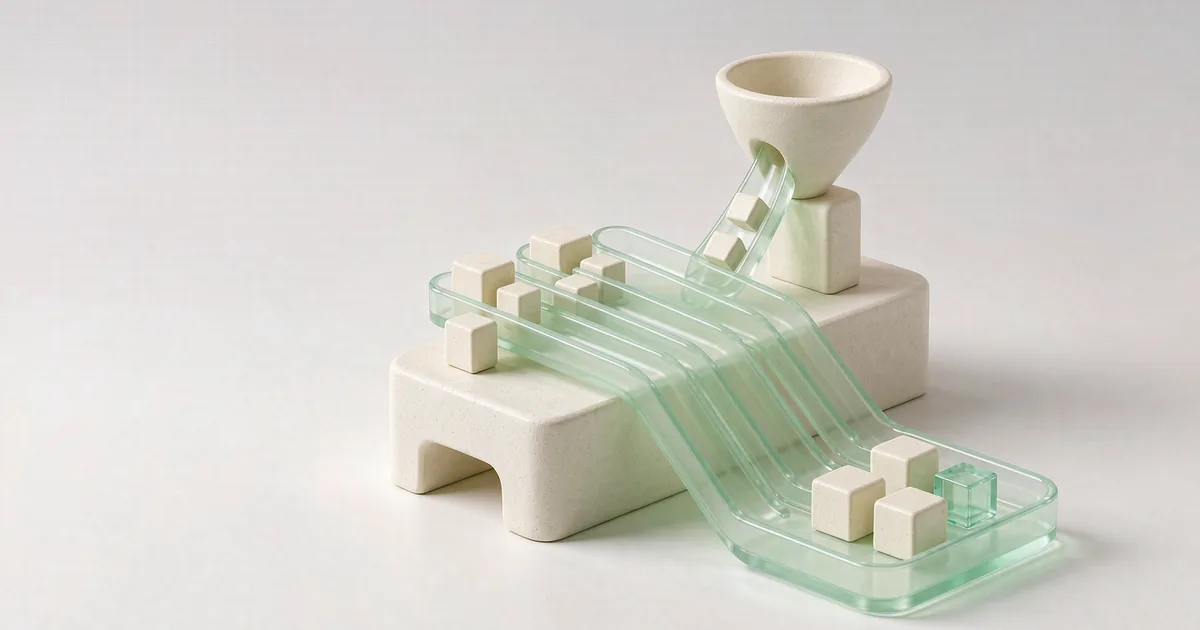 A bright 3D miniature scene: four parallel low-saturation mint-green translucent glass chutes run down a low cream-white plaster base, tilting gently forward; a short cream-white plaster funnel stands at the back right, feeding a few cream-white plaster cubes into the start of the leftmost chute; the four chutes merge into a shallow mint-green translucent glass dish at the front right, holding four cream-white plaster cubes and one mint-green translucent glass cube, against a cool light grey-white backdrop