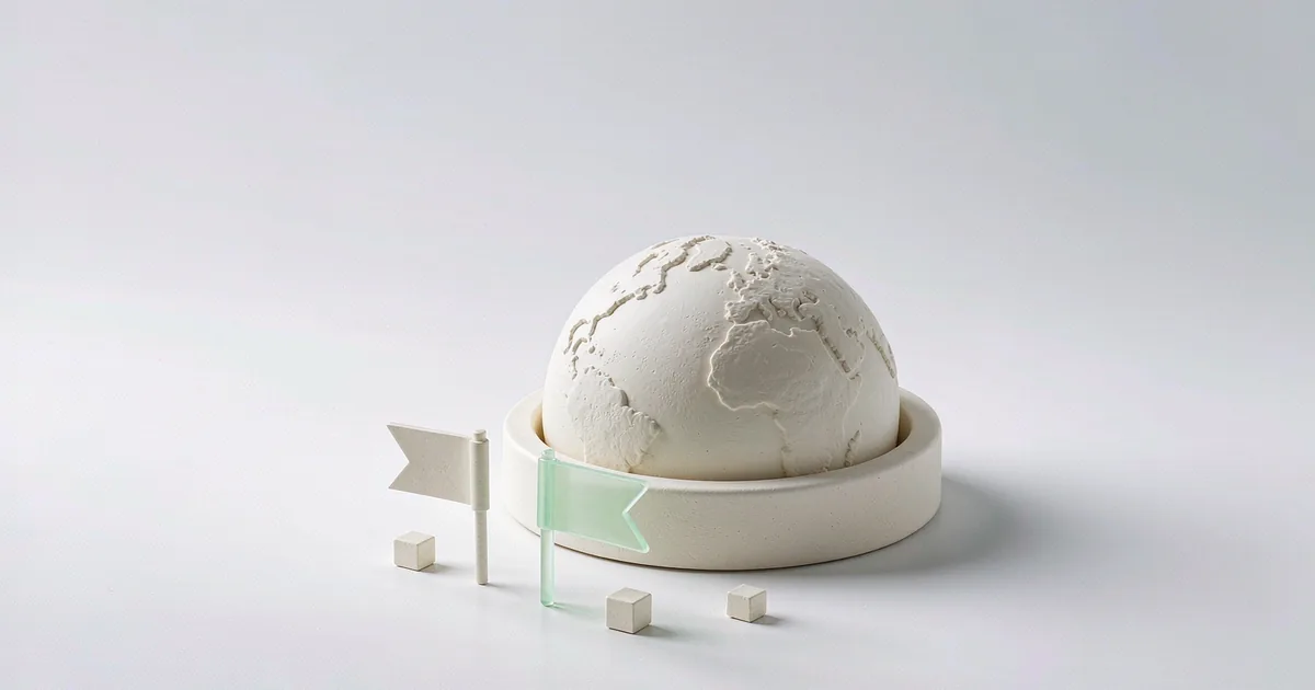 明亮的 3D 微缩场景:一个低矮的奶白哑光石膏半球地球仪,装在一个很矮的石膏圆底座上,球面只有浅浅的地形起伏、没有国界线,座前地面插着两面矮小旗子,左边一面是奶白石膏薄旗,右边一面换成低饱和薄荷绿半透明玻璃薄旗,旗旁散落三枚小石膏方块,背景为冷调浅灰白