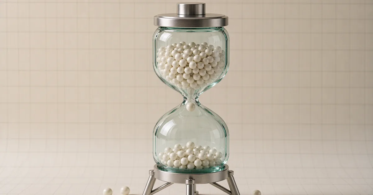 A bright 3D studio still life of a tall glass hourglass with a jade-green tint standing on a brushed-steel tripod base; the upper bulb is more than half full of small pearl-white spheres while the lower bulb holds only a thin scattered layer, and a single sphere hangs suspended in the narrow neck under a focused spotlight