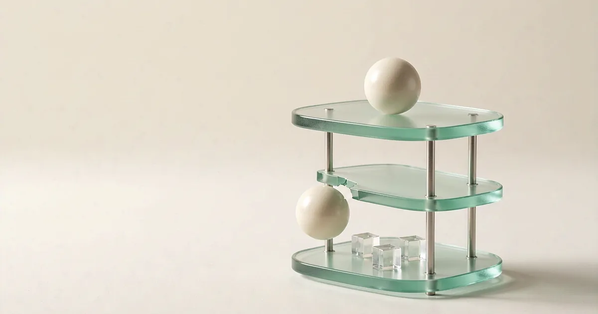 明亮的 3D 插图展示三层叠放的磨砂玻璃托盘,中间一层裂开,一颗陶瓷球正从缺口掉落