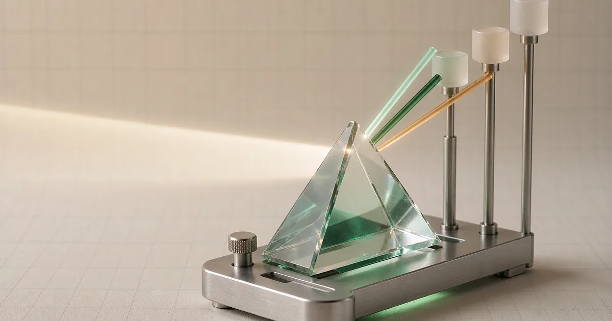 A bright 3D studio still life of a thick triangular glass prism with a jade-green core held in a machined steel cradle; one broad beam enters from the left and leaves as three separate rays in mint, jade and amber, each landing on its own small frosted-glass chip on a slim steel post