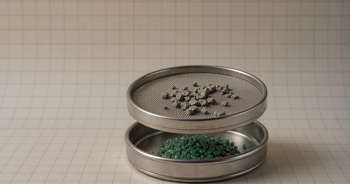 A bright 3D studio still life of a machined circular sifting sieve: a shallow brushed stainless-steel ring holding a fine woven steel mesh screen, with coarse grey gravel and dull debris resting on top of the mesh, and beneath it a matching shallow machined steel receiving pan holding a small neat mound of fine faceted emerald-green granules that passed through, all on an ivory paper backdrop with a faint grid