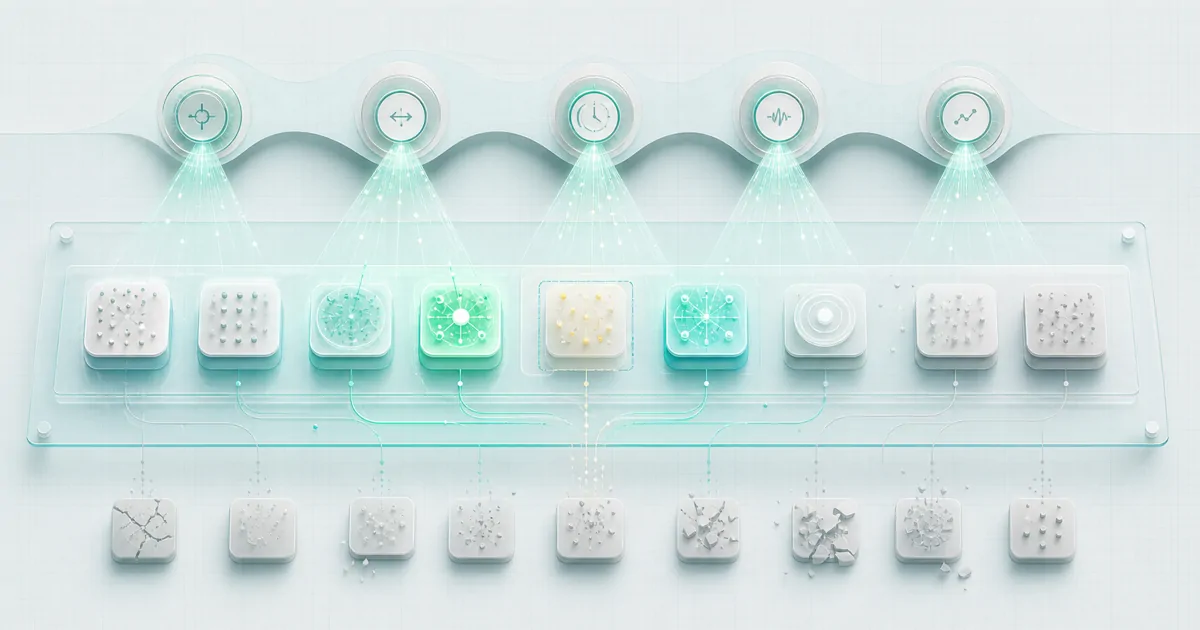 五个检查灯扫描相连与碎裂的抽象数据方块，用于表示 SAM.gov 公告要按不同证据对象逐项核对