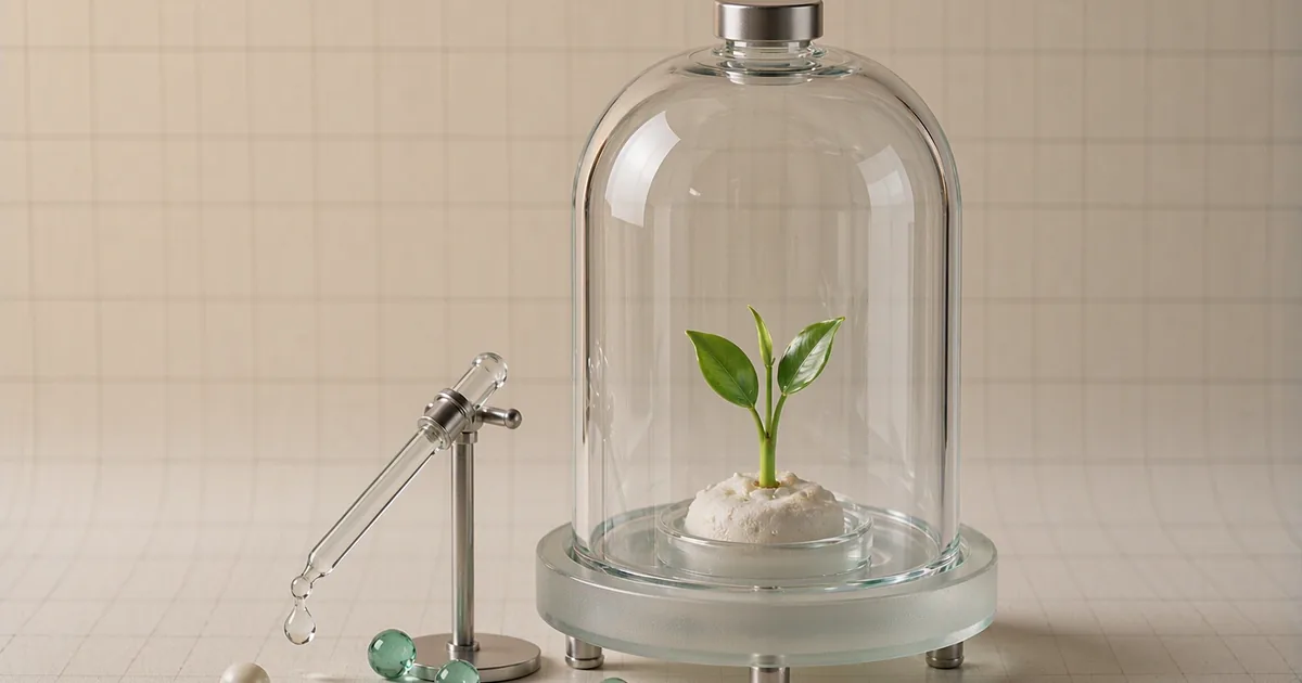 A bright 3D studio still life of a tall glass bell jar with a steel knob standing on a frosted glass base, sheltering one small jade-green seedling under a warm spotlight, with a slender glass pipette held in a steel stand hanging a single drop beside it