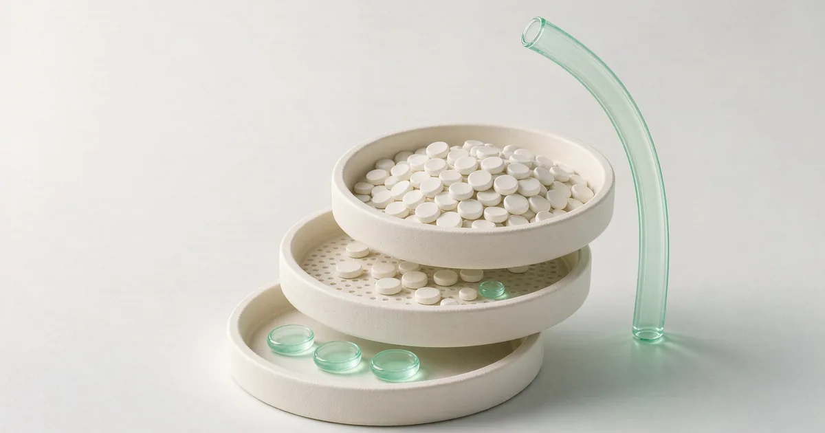 明亮的 3D 微缩场景：三只尺寸递减的米白色石膏圆筛盘自上而下叠成一段阶梯，最上层密布着相同的白色石膏小圆片、中层明显变少、最下层只剩三枚半透明薄荷绿玻璃圆片，筛盘右侧立着一段薄荷绿透光的弧形细导管，背景为冷调浅灰白