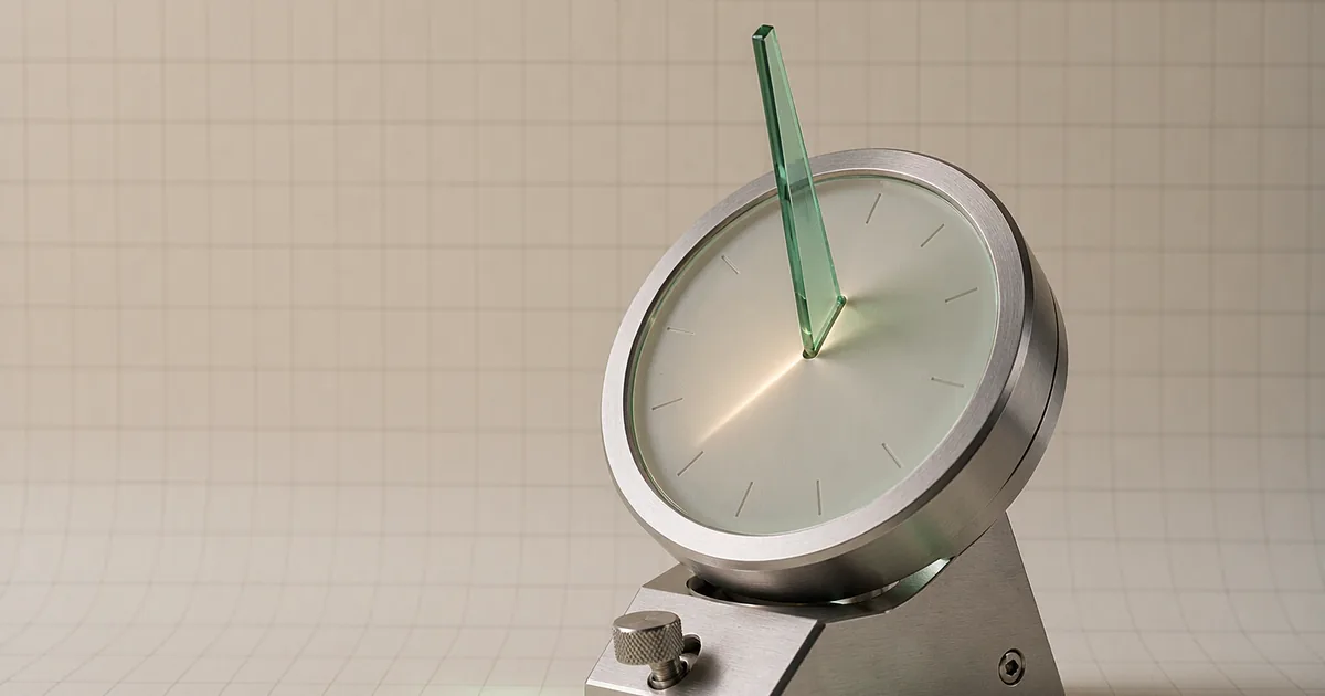 A bright 3D studio still life of a modern sundial: a circular frosted-glass dial with a bevelled brushed-steel rim, tilted on a machined steel wedge base, with a slender jade-green gnomon blade rising from the centre and casting a single crisp warm light wedge across the face, which carries only plain etched tick marks and no numerals, all on an ivory paper backdrop with a faint grid