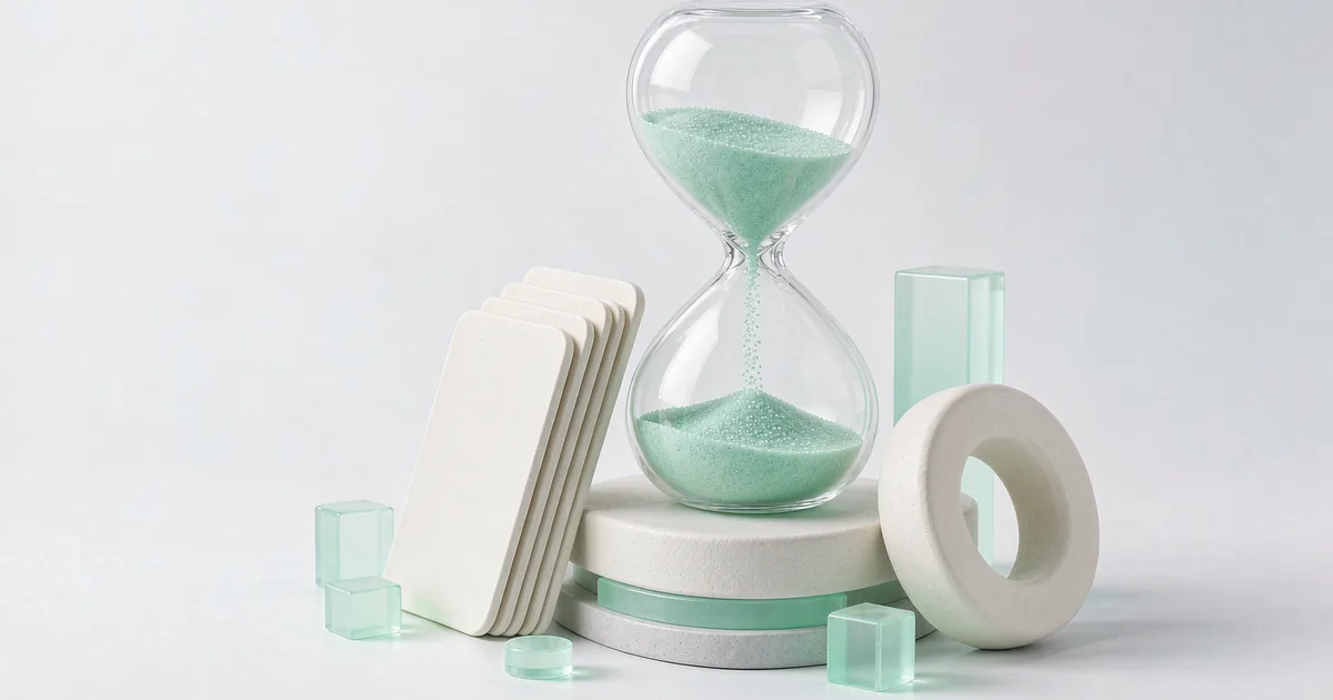 A bright 3D miniature scene: a clear glass hourglass on an off-white plaster base with translucent mint-green sand falling through its neck, a small stack of completely blank cream-white plaster cards leaning beside it and a low off-white plaster ring on the other side, against a cool light grey-white backdrop