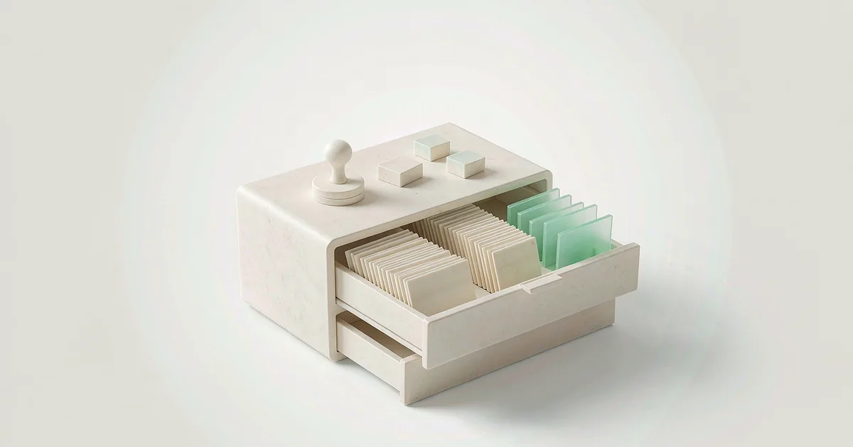 明亮的 3D 微缩场景:一个低矮横向的奶白哑光石膏卡片抽屉柜(只有两层扁抽屉),上层抽屉拉开一半,里面整排竖立着奶白石膏薄卡,其中一张换成低饱和薄荷绿半透明玻璃薄卡并稍微凸出,柜顶平放一枚石膏小圆印与两块石膏小方块,背景为冷调浅灰白