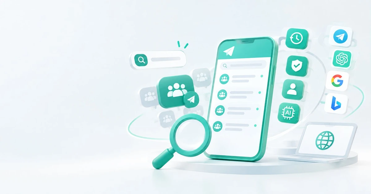 A bright 3D studio scene: a mint-green smartphone standing upright with a list of group avatars and placeholder text rows on screen, a large magnifier leaning against it from the front left, a rounded search field floating above, faint chat bubbles behind on the left, a column of rounded app tiles down the right, and a pale laptop showing a globe at the lower right, all on a soft ivory backdrop